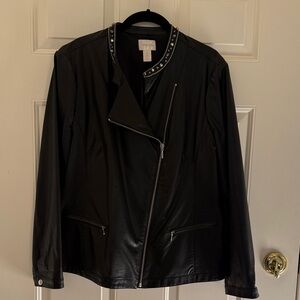 Chicos faux leather jacket, with bead trim/silver accents Sz 2, great condition